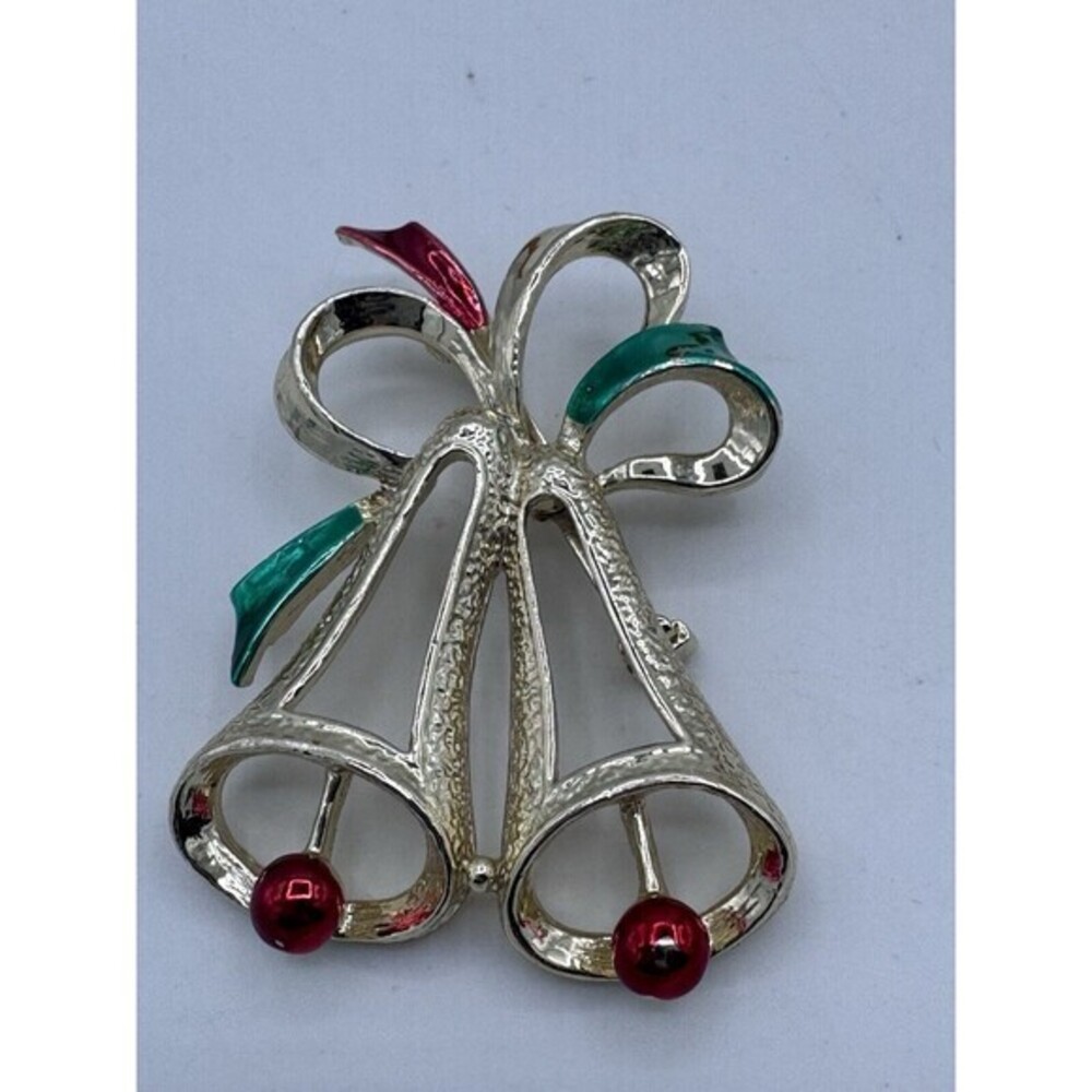 Vintage Christmas Holiday Lapel Pin Brooch Gold Tone Double Bells